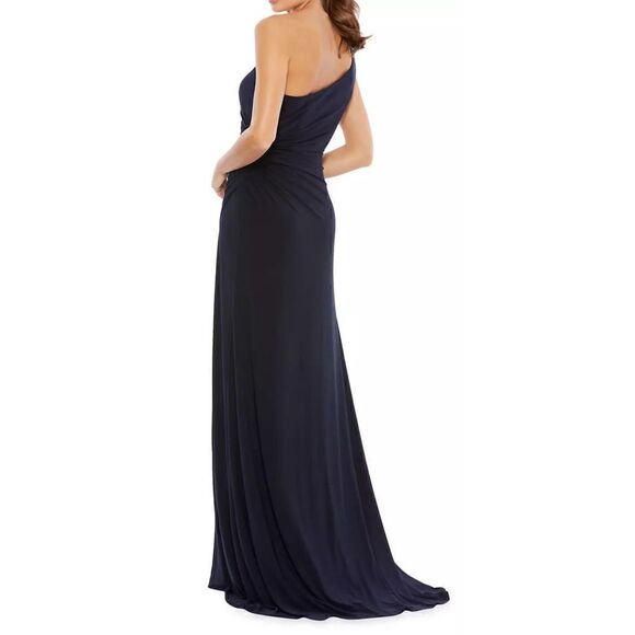Mac Duggal Jersey Asymmetric One Shoulder Gown in Midnight Navy NWT Size 12 - Picture 2 of 8